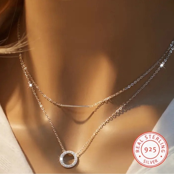 Jewelry - 925 Sterling Silver Double Layer Necklace With Hollow Circle Pendant